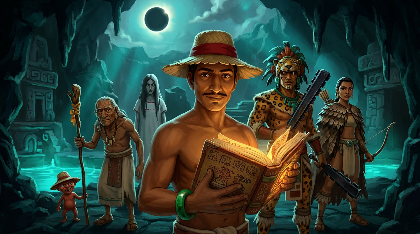 Jacinto tenant le codex ouvert ; derrière lui, le Chamane, l’Alux, la Xtabay, le Guerrier Jaguar et la Chasseuse Aigle sous le Soleil Noir